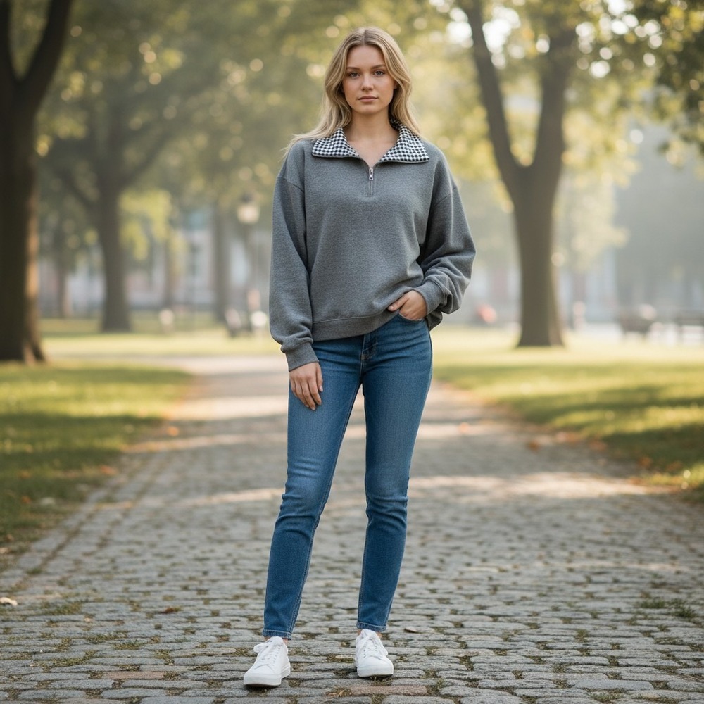 Lily Women Gray Gingham Collar Quarter Zip Sweatshirt Pullover Size Large